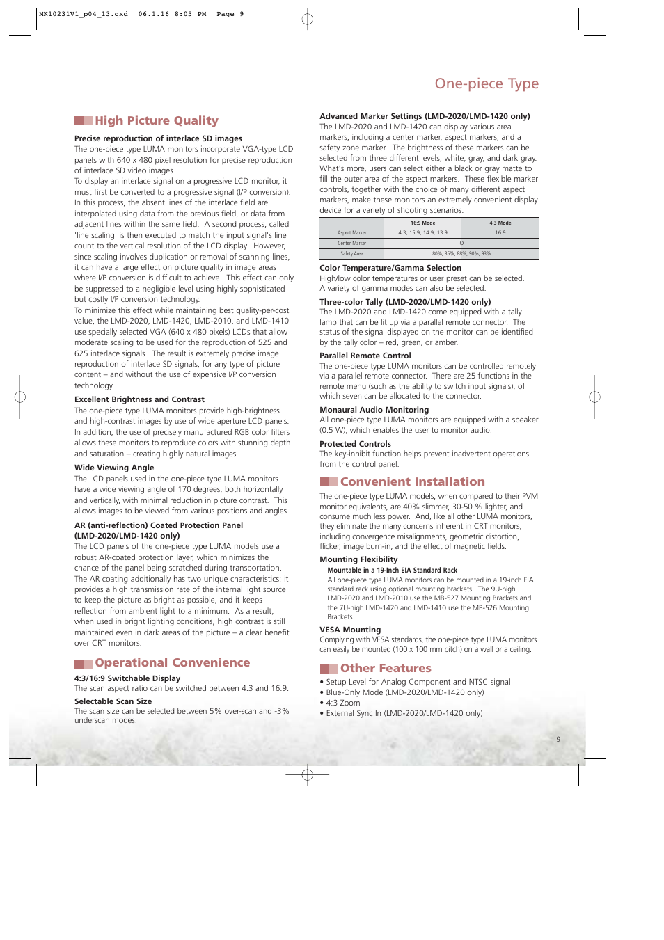 One-piece type, High picture quality, Operational convenience | Convenient installation, Other features | Ergotron LUMA User Manual | Page 9 / 20