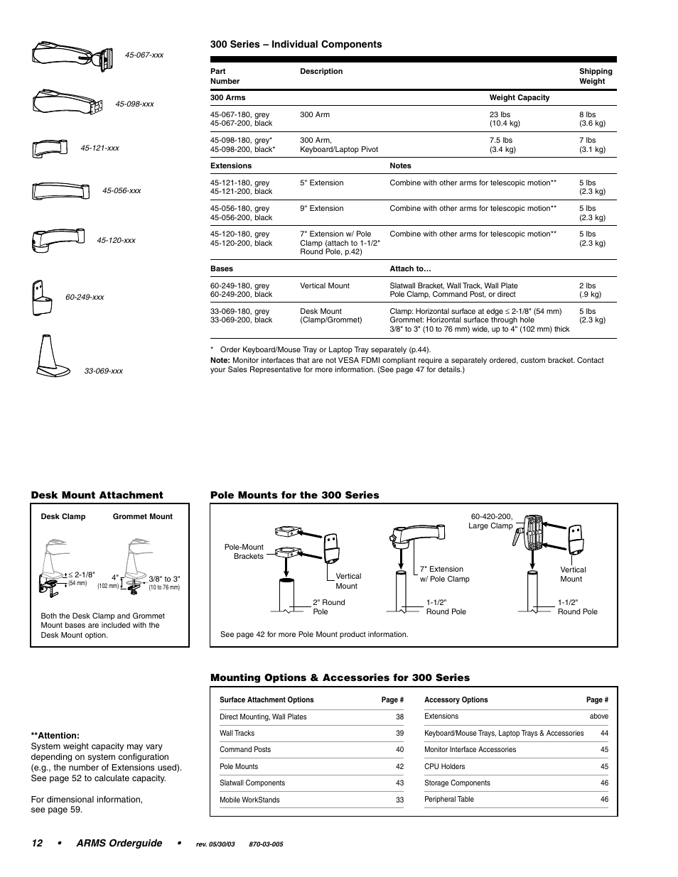 12 • arms orderguide, 300 series – individual components, Mounting options & accessories for 300 series | Pole mounts for the 300 series, Desk mount attachment | Ergotron 870-03-005 User Manual | Page 12 / 68