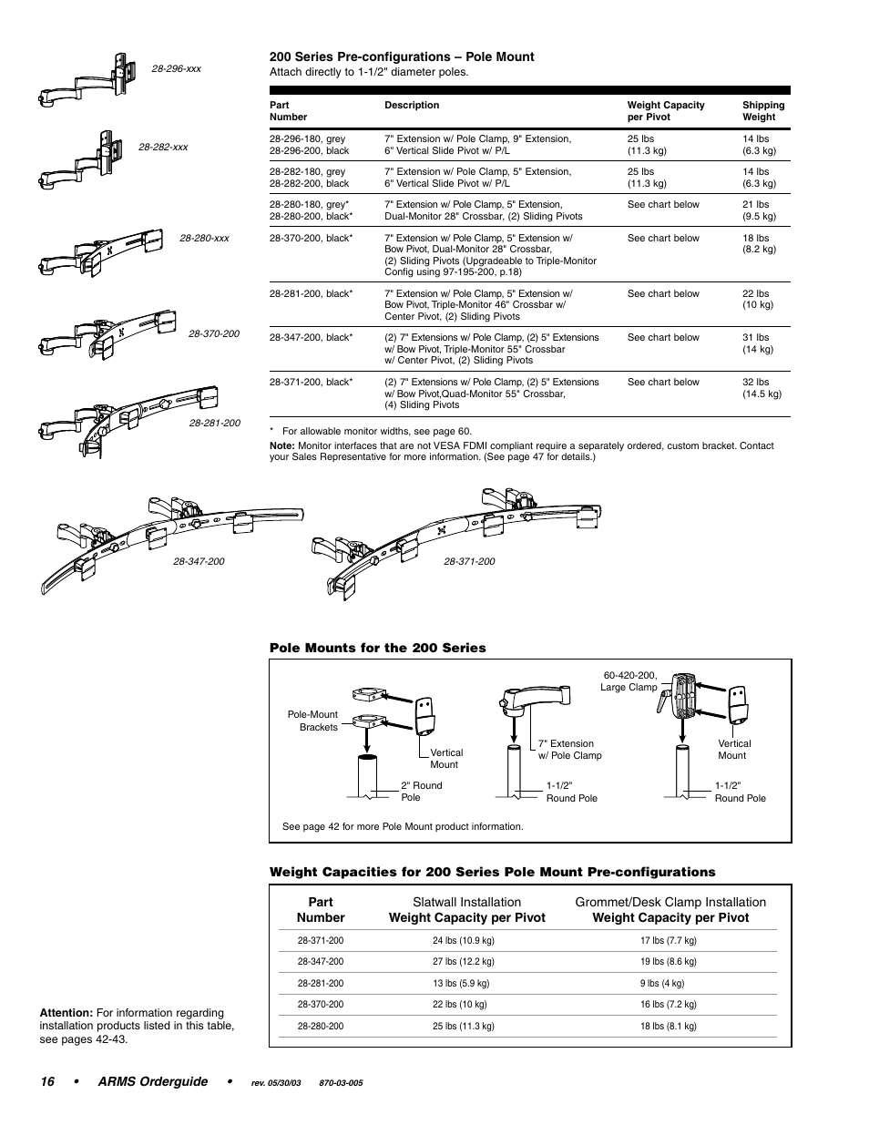 16 • arms orderguide, 200 series pre-configurations – pole mount, Part number | Slatwall installation weight capacity per pivot | Ergotron 870-03-005 User Manual | Page 16 / 68