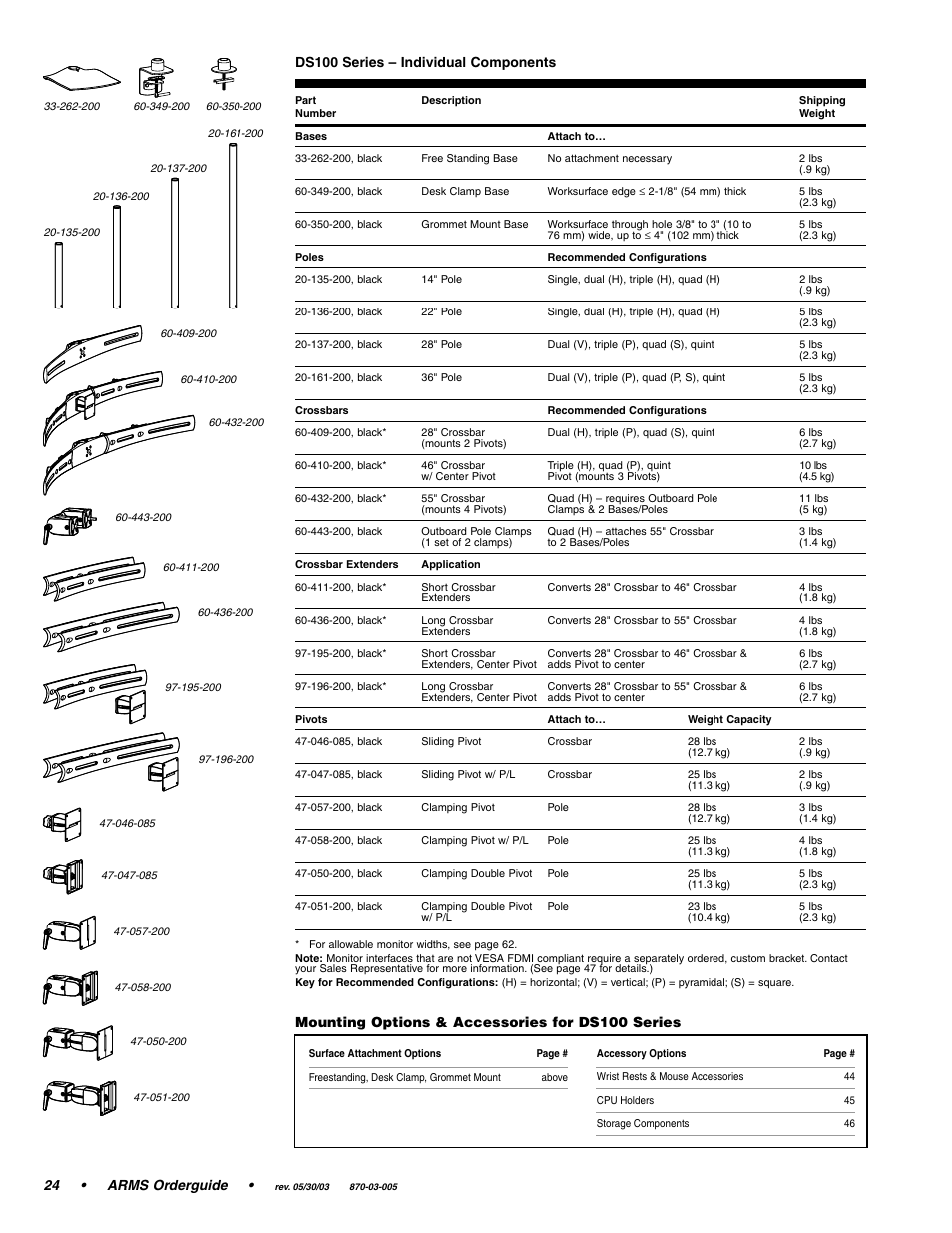 24 • arms orderguide, Ds100 series – individual components, Mounting options & accessories for ds100 series | Ergotron 870-03-005 User Manual | Page 24 / 68