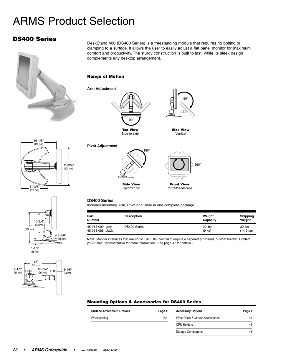 Arms product selection, Ds400 series | Ergotron 870-03-005 User Manual | Page 26 / 68