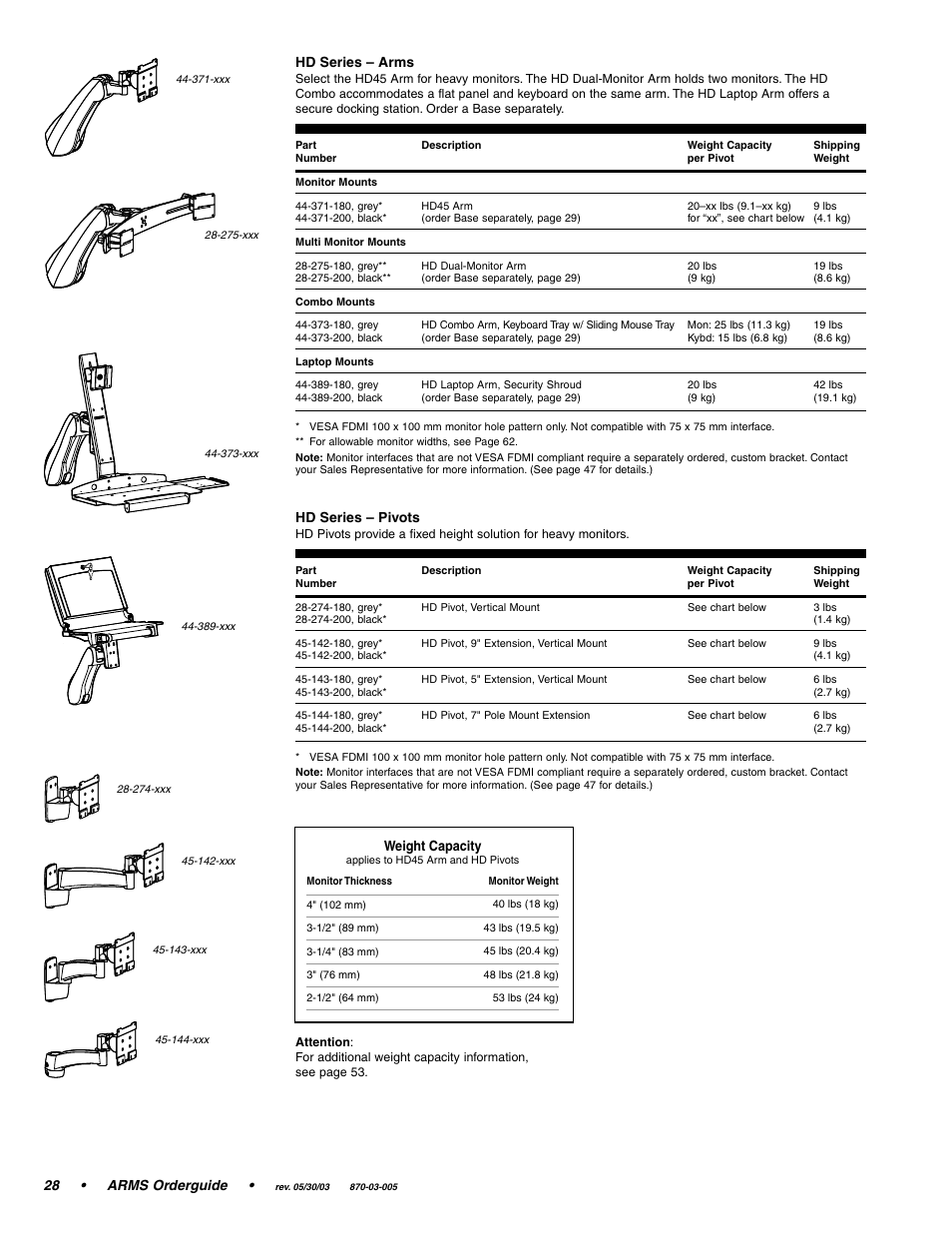 28 • arms orderguide, Hd series – arms, Hd series – pivots | Weight capacity | Ergotron 870-03-005 User Manual | Page 28 / 68