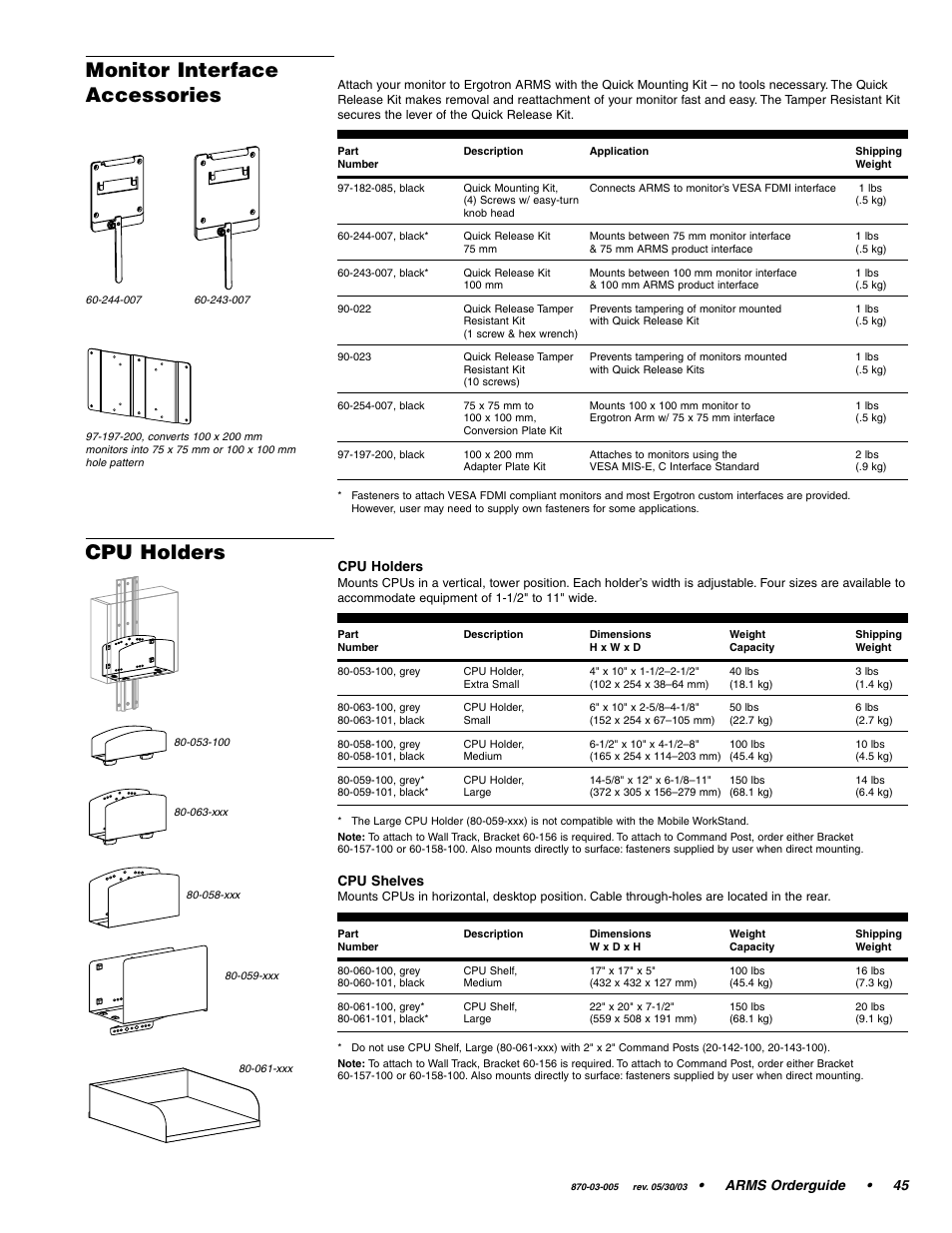 Monitor interface accessories, Arms orderguide • 45, Cpu holders | Cpu shelves | Ergotron 870-03-005 User Manual | Page 45 / 68