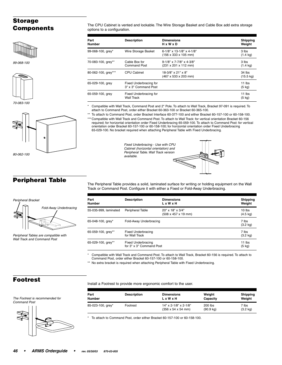 Storage components, Peripheral table, Footrest | 46 • arms orderguide | Ergotron 870-03-005 User Manual | Page 46 / 68