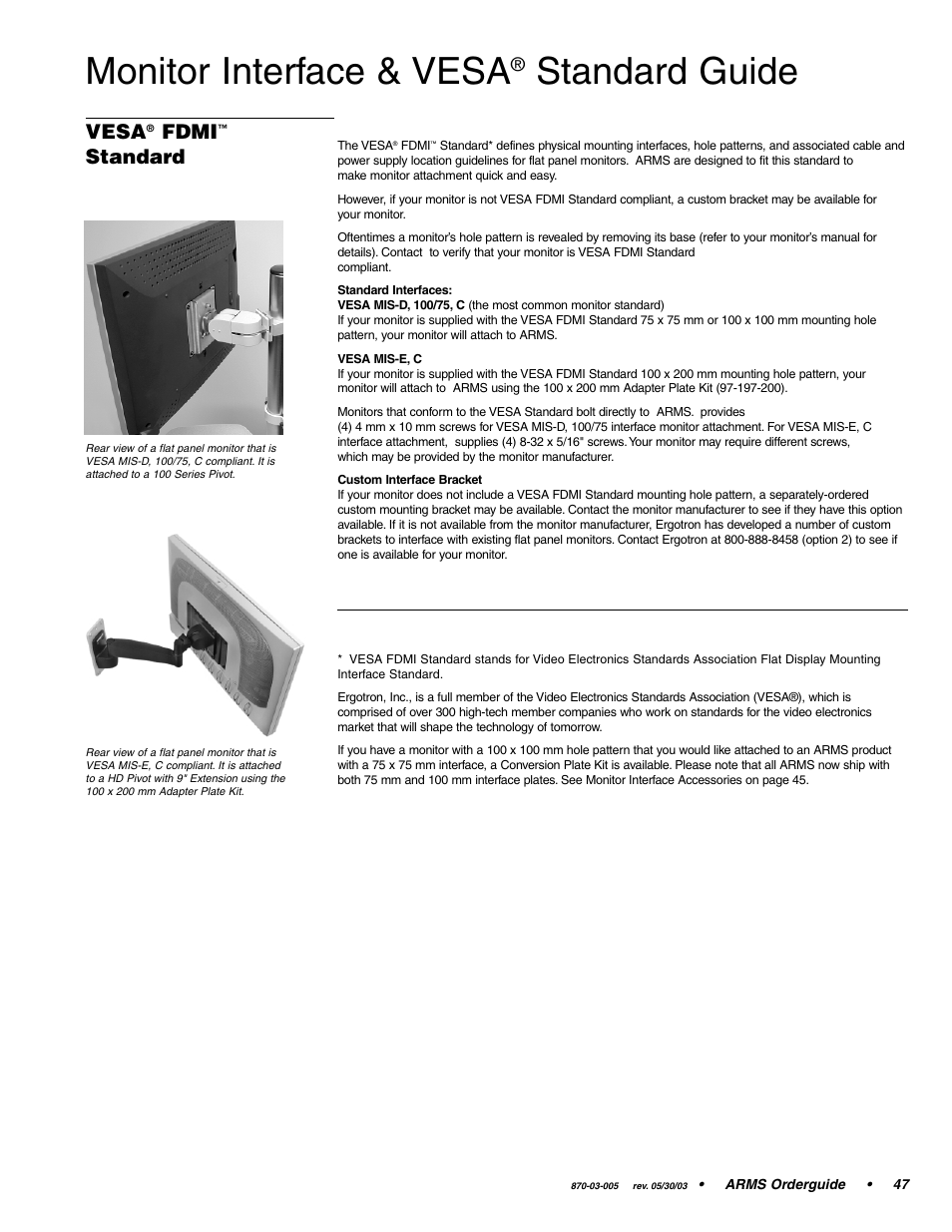Monitor interface & vesa, Standard guide, Vesa | Fdmi, Standard | Ergotron 870-03-005 User Manual | Page 47 / 68