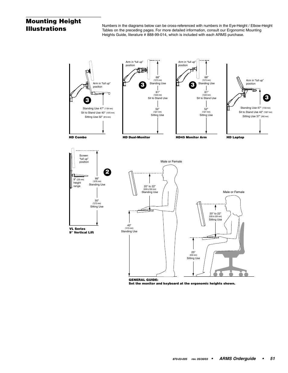 Mounting height illustrations, Arms orderguide • 51 | Ergotron 870-03-005 User Manual | Page 51 / 68