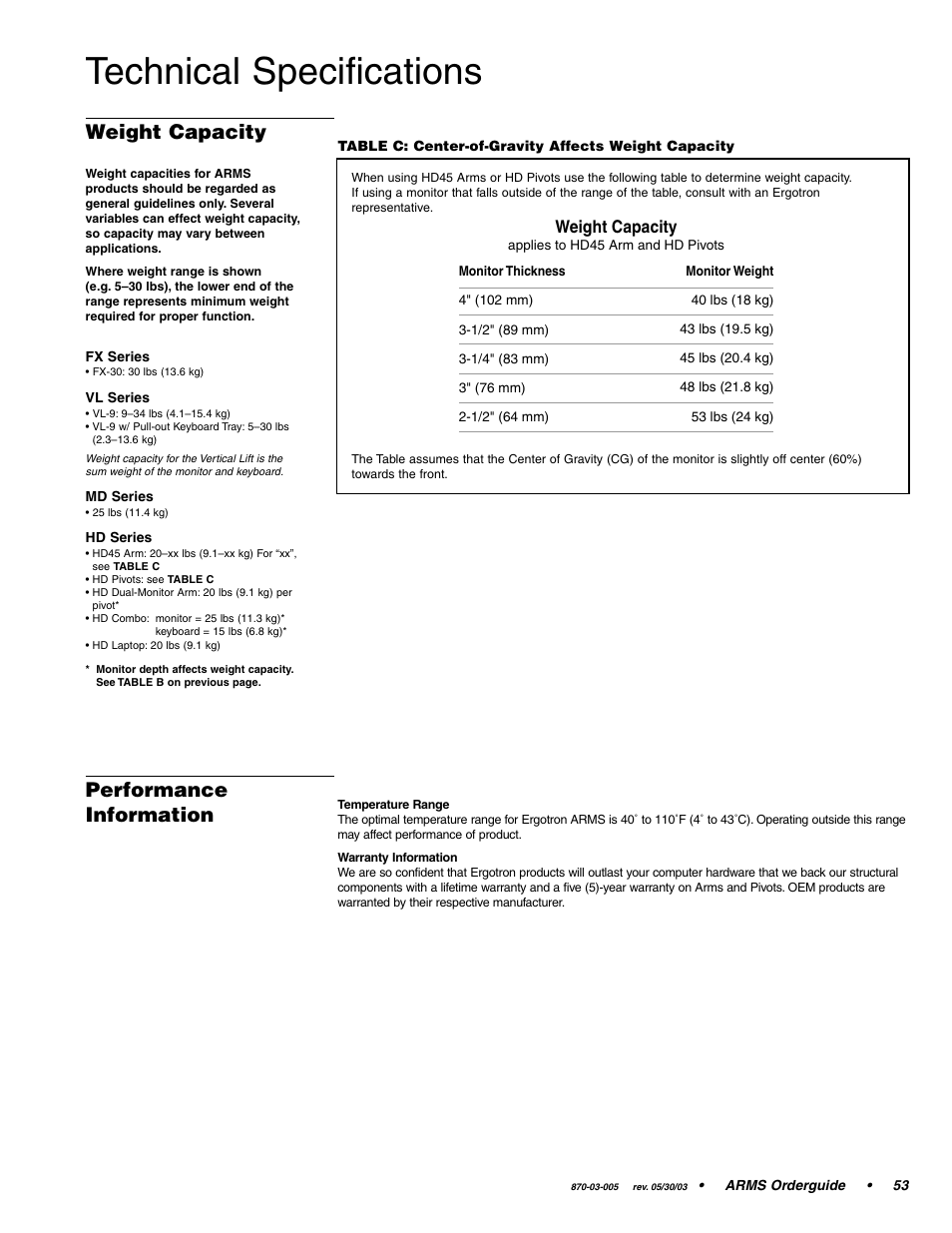 Technical specifications, Performance information, Weight capacity | Ergotron 870-03-005 User Manual | Page 53 / 68