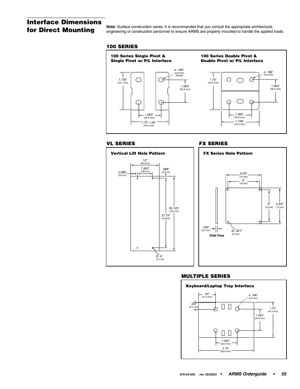 Interface dimensions for direct mounting, 100 series, Vl series | Fx series, Multiple series, Arms orderguide • 55 | Ergotron 870-03-005 User Manual | Page 55 / 68