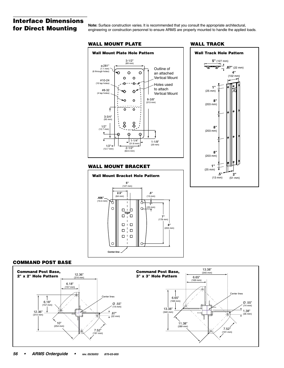 Interface dimensions for direct mounting, Wall mount plate, Wall track | Wall mount bracket, Command post base, 56 • arms orderguide | Ergotron 870-03-005 User Manual | Page 56 / 68