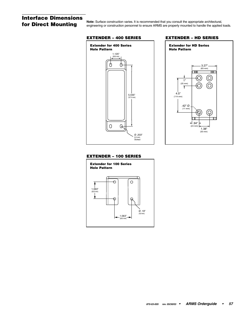 Interface dimensions for direct mounting, Extender – 400 series, Extender – hd series | Extender – 100 series, Arms orderguide • 57 | Ergotron 870-03-005 User Manual | Page 57 / 68