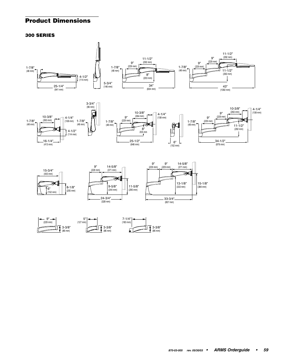 Product dimensions, 300 series, Arms orderguide • 59 | Ergotron 870-03-005 User Manual | Page 59 / 68