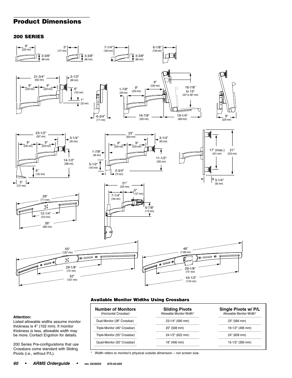 Product dimensions, 200 series, 60 • arms orderguide | Sliding pivots, Single pivots w/ p/l, Number of monitors, Available monitor widths using crossbars | Ergotron 870-03-005 User Manual | Page 60 / 68