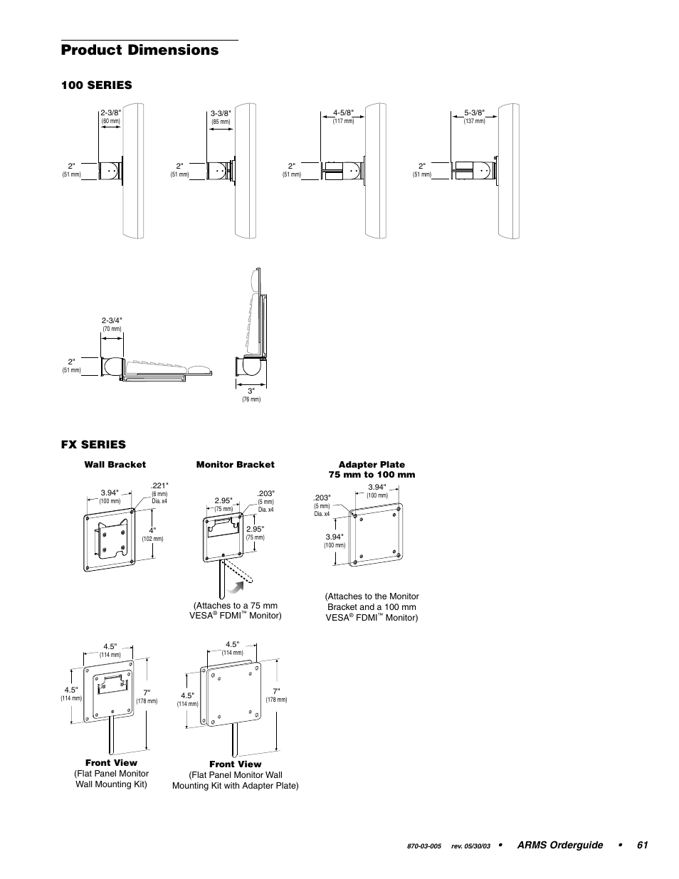 Product dimensions, 100 series, Fx series | Arms orderguide • 61 | Ergotron 870-03-005 User Manual | Page 61 / 68