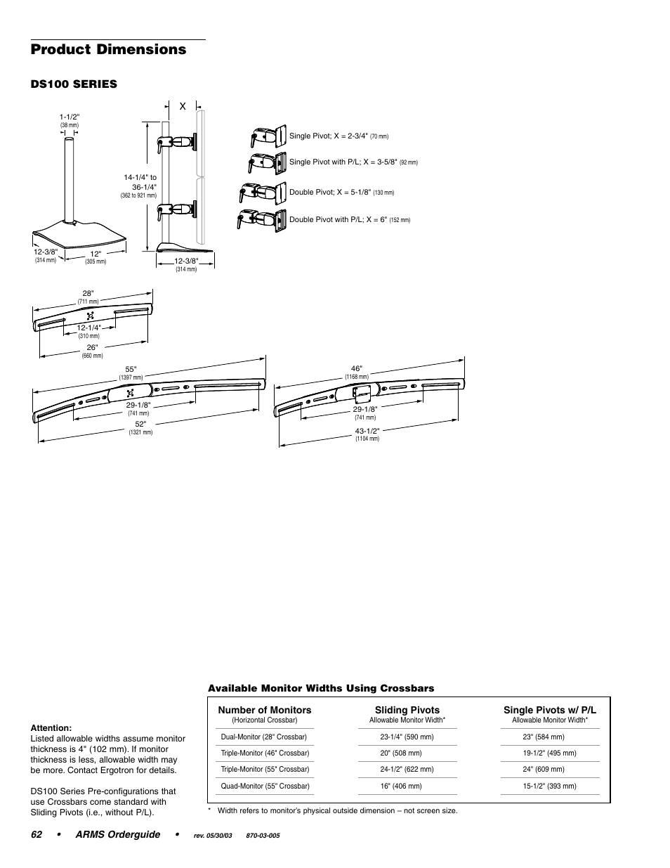 Product dimensions, Ds100 series, 62 • arms orderguide | Sliding pivots, Single pivots w/ p/l, Number of monitors, Available monitor widths using crossbars | Ergotron 870-03-005 User Manual | Page 62 / 68