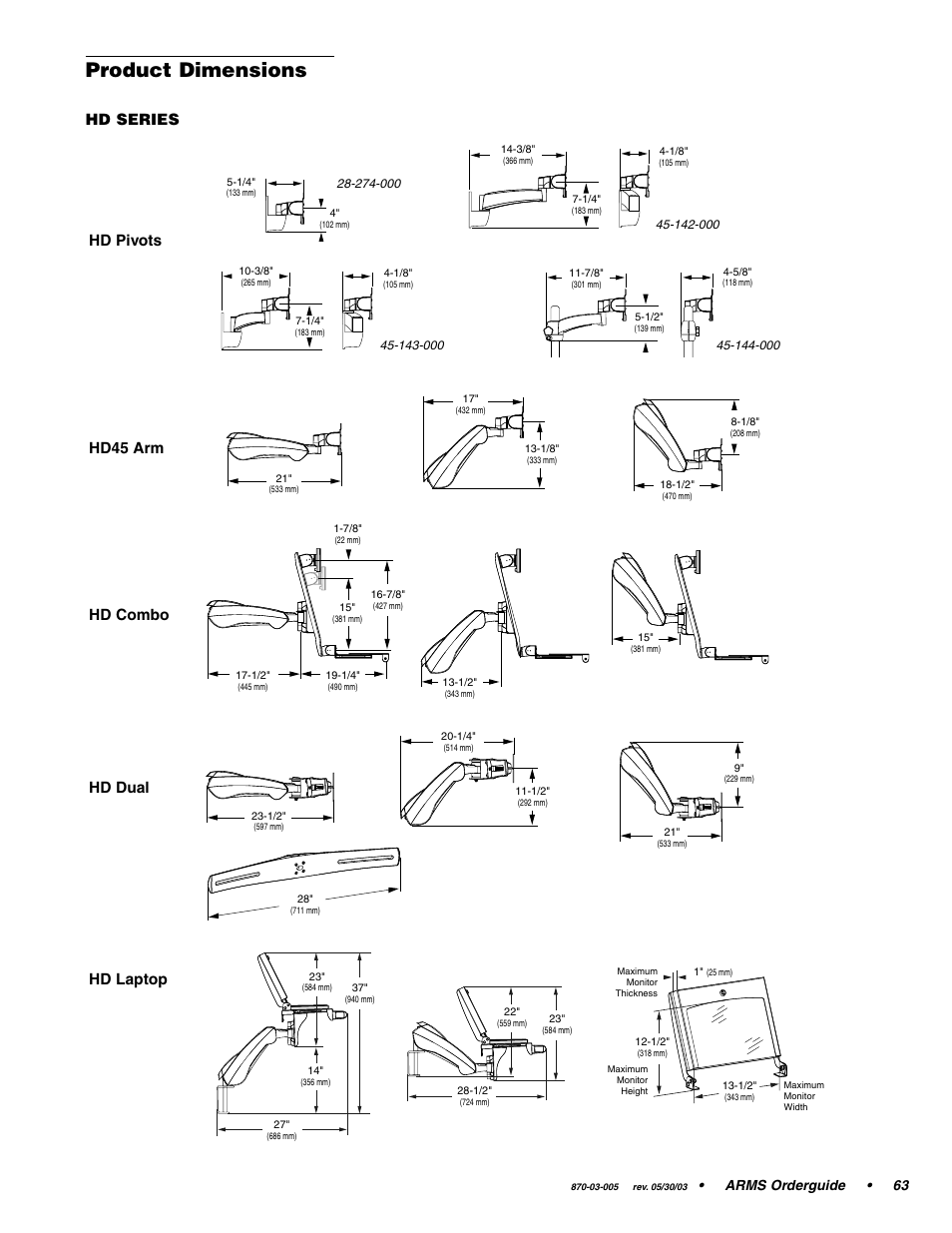 Product dimensions, Hd series, Hd pivots hd45 arm hd combo hd dual hd laptop | Arms orderguide • 63 | Ergotron 870-03-005 User Manual | Page 63 / 68