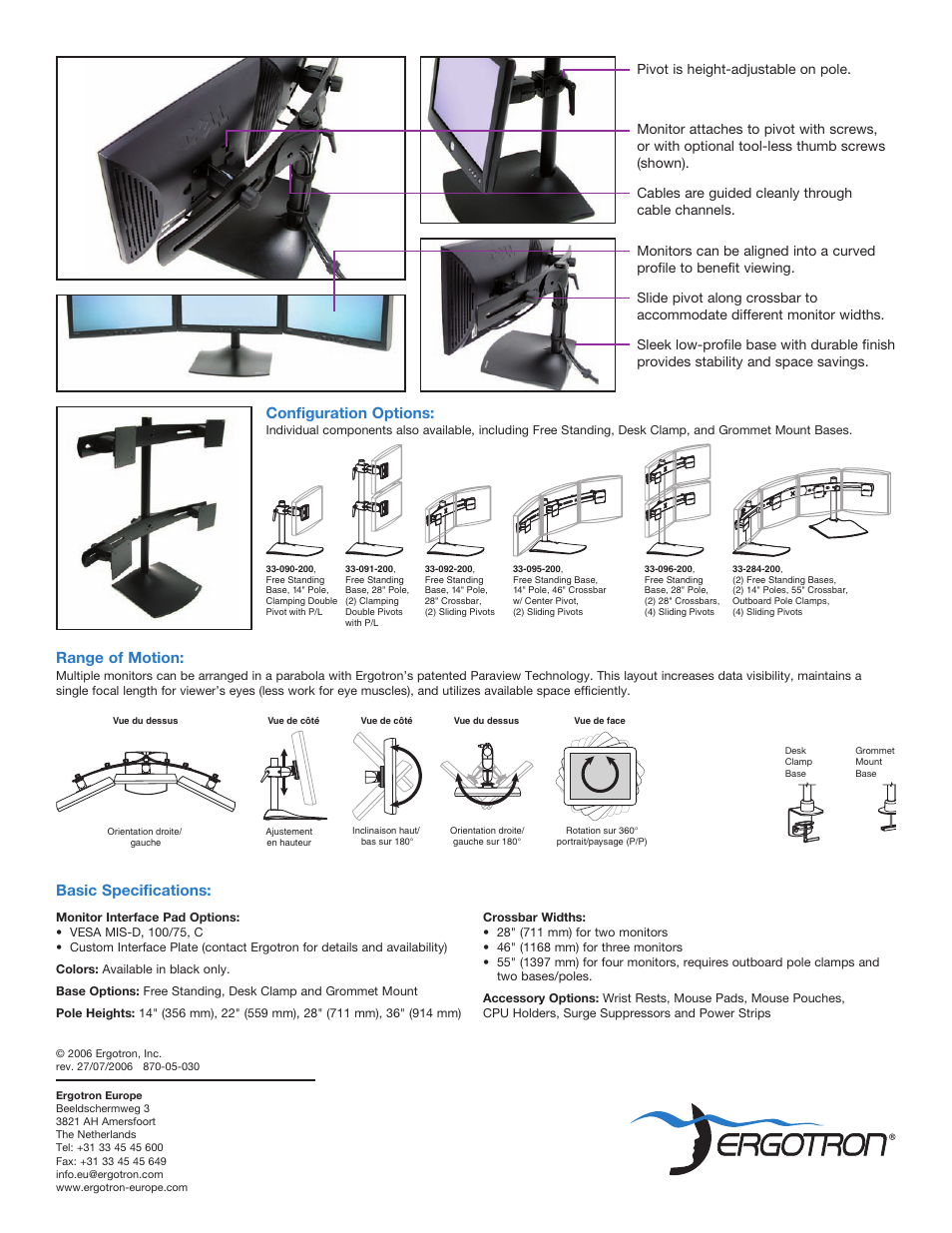 Range of motion: configuration options, Basic specifications | Ergotron DS100 Series User Manual | Page 2 / 2