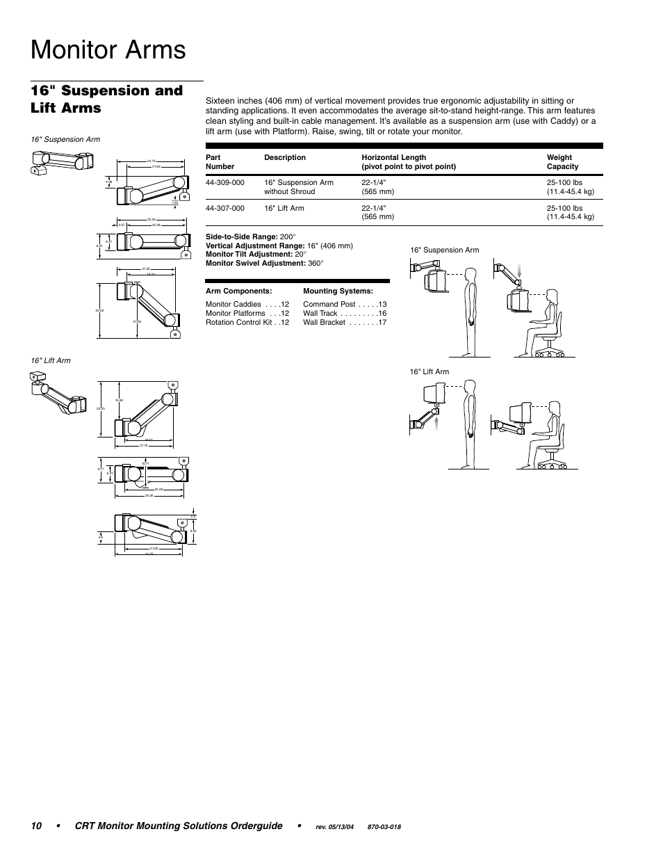 Monitor arms, 16" suspension and lift arms, 10 • crt monitor mounting solutions orderguide | Ergotron CRT Monitor User Manual | Page 10 / 28