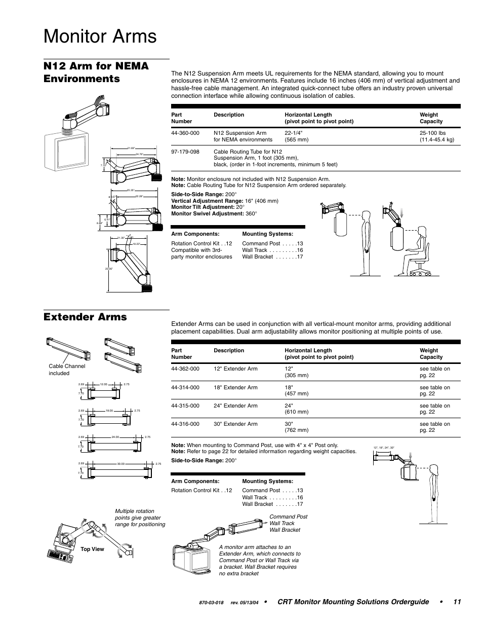 Monitor arms, N12 arm for nema environments, Extender arms | Crt monitor mounting solutions orderguide • 11 | Ergotron CRT Monitor User Manual | Page 11 / 28