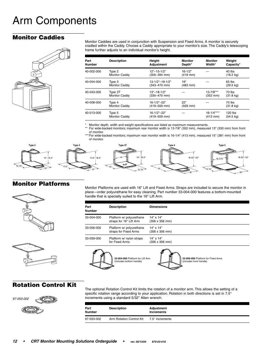 Arm components, Monitor caddies, Monitor platforms | Rotation control kit, 12 • crt monitor mounting solutions orderguide | Ergotron CRT Monitor User Manual | Page 12 / 28
