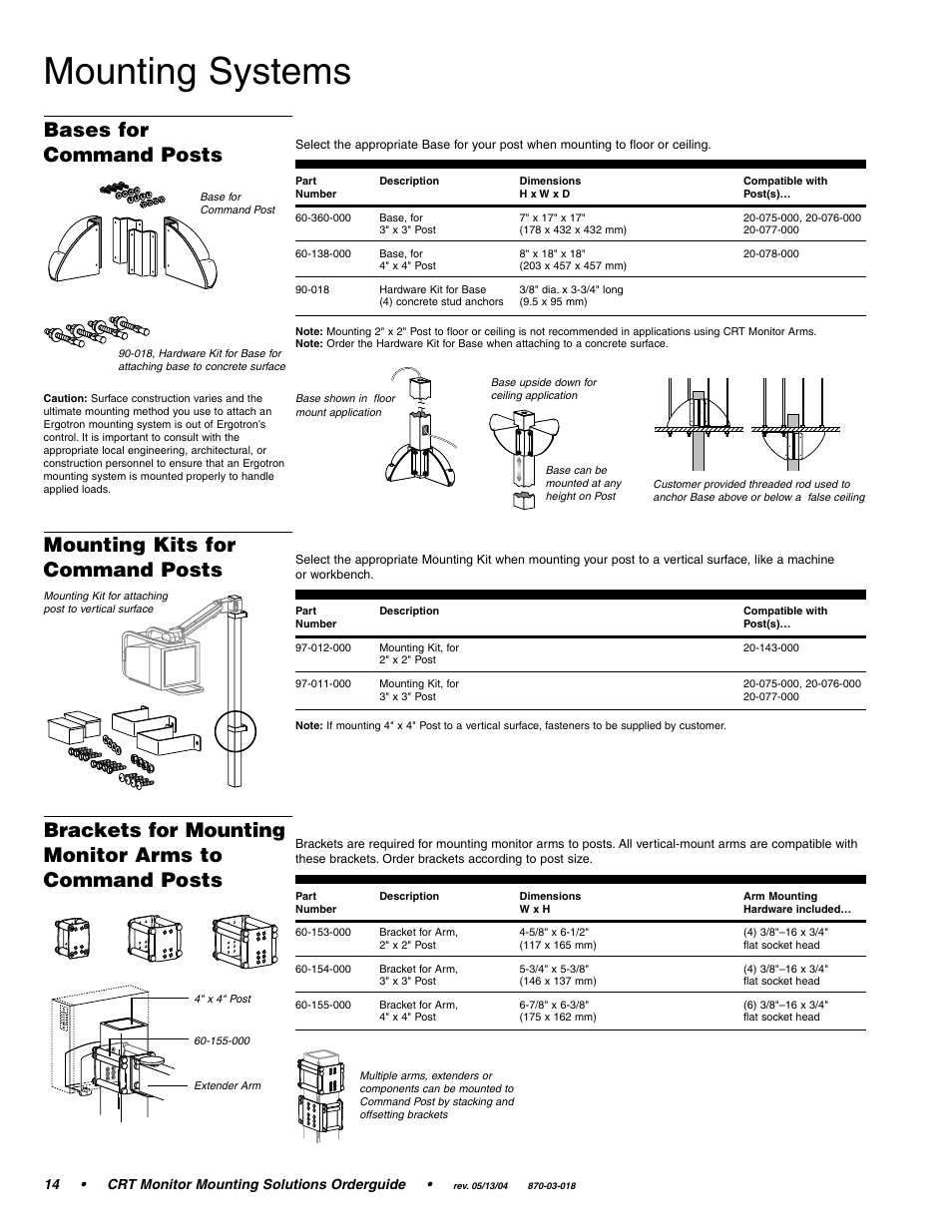 Mounting systems, Bases for command posts, Mounting kits for command posts | Ergotron CRT Monitor User Manual | Page 14 / 28