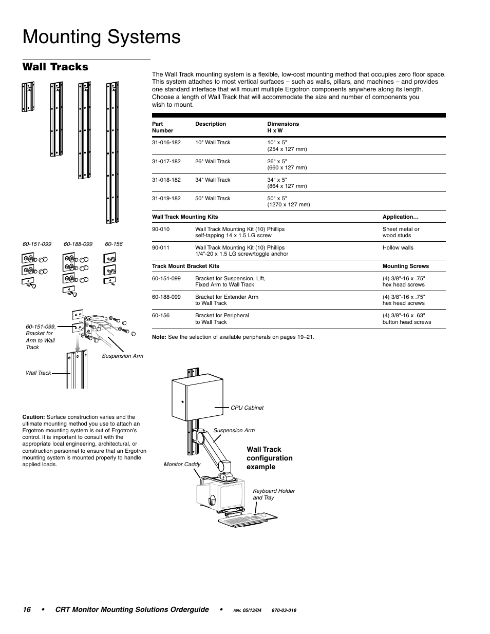 Mounting systems, Wall tracks | Ergotron CRT Monitor User Manual | Page 16 / 28
