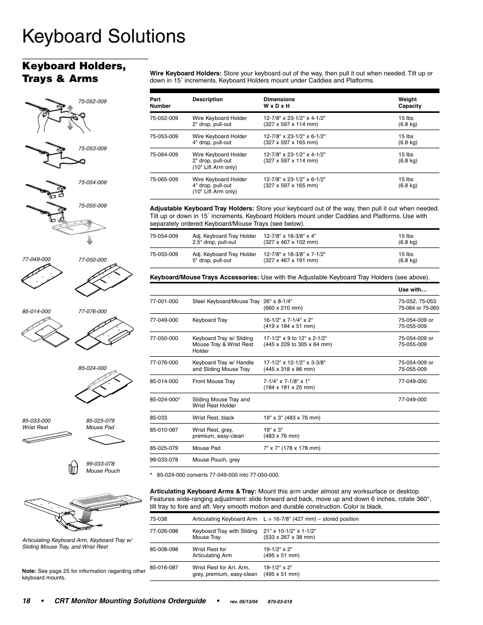Keyboard solutions, Keyboard holders, trays & arms, 18 • crt monitor mounting solutions orderguide | Ergotron CRT Monitor User Manual | Page 18 / 28