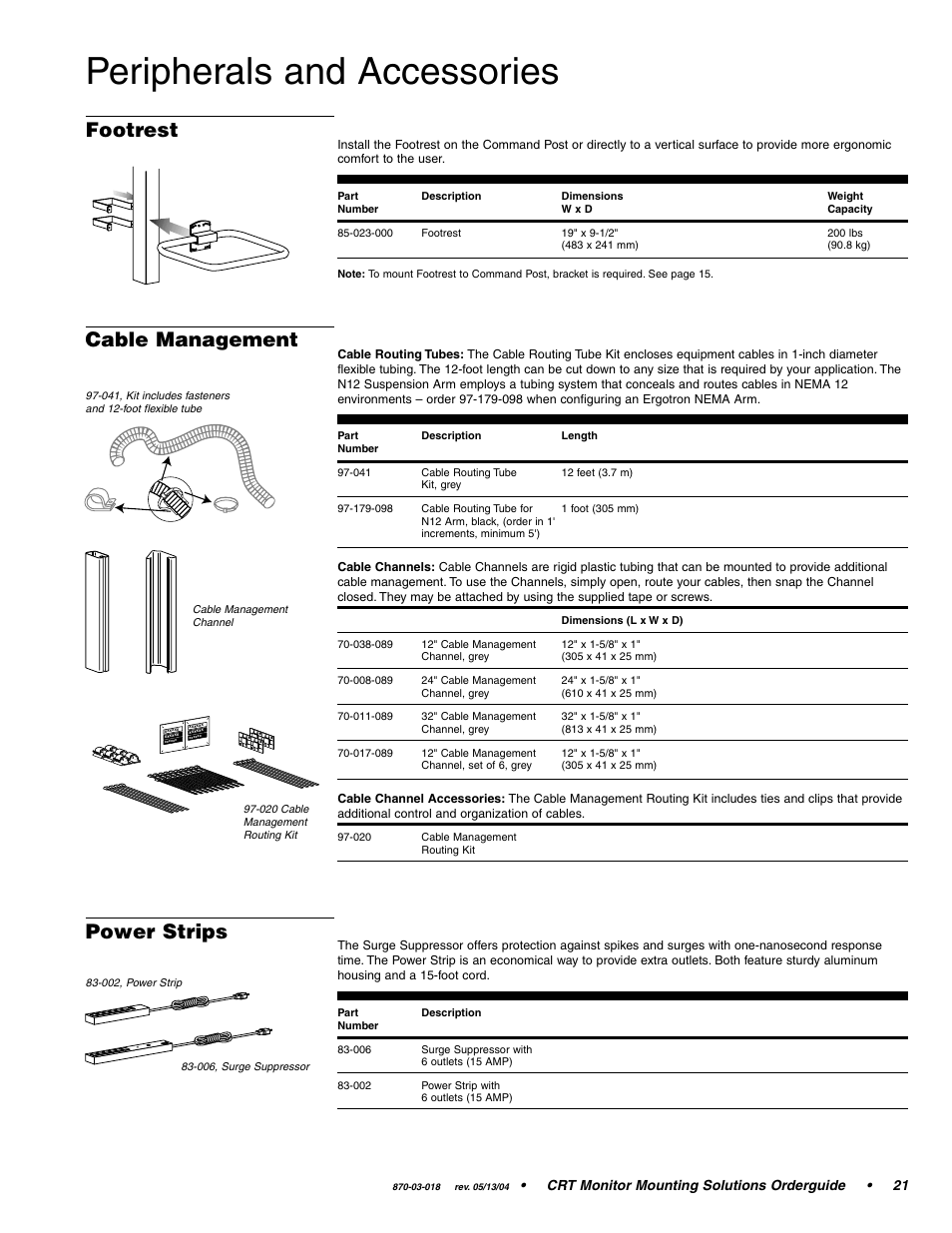 Peripherals and accessories, Cable management, Footrest | Power strips, Crt monitor mounting solutions orderguide • 21 | Ergotron CRT Monitor User Manual | Page 21 / 28