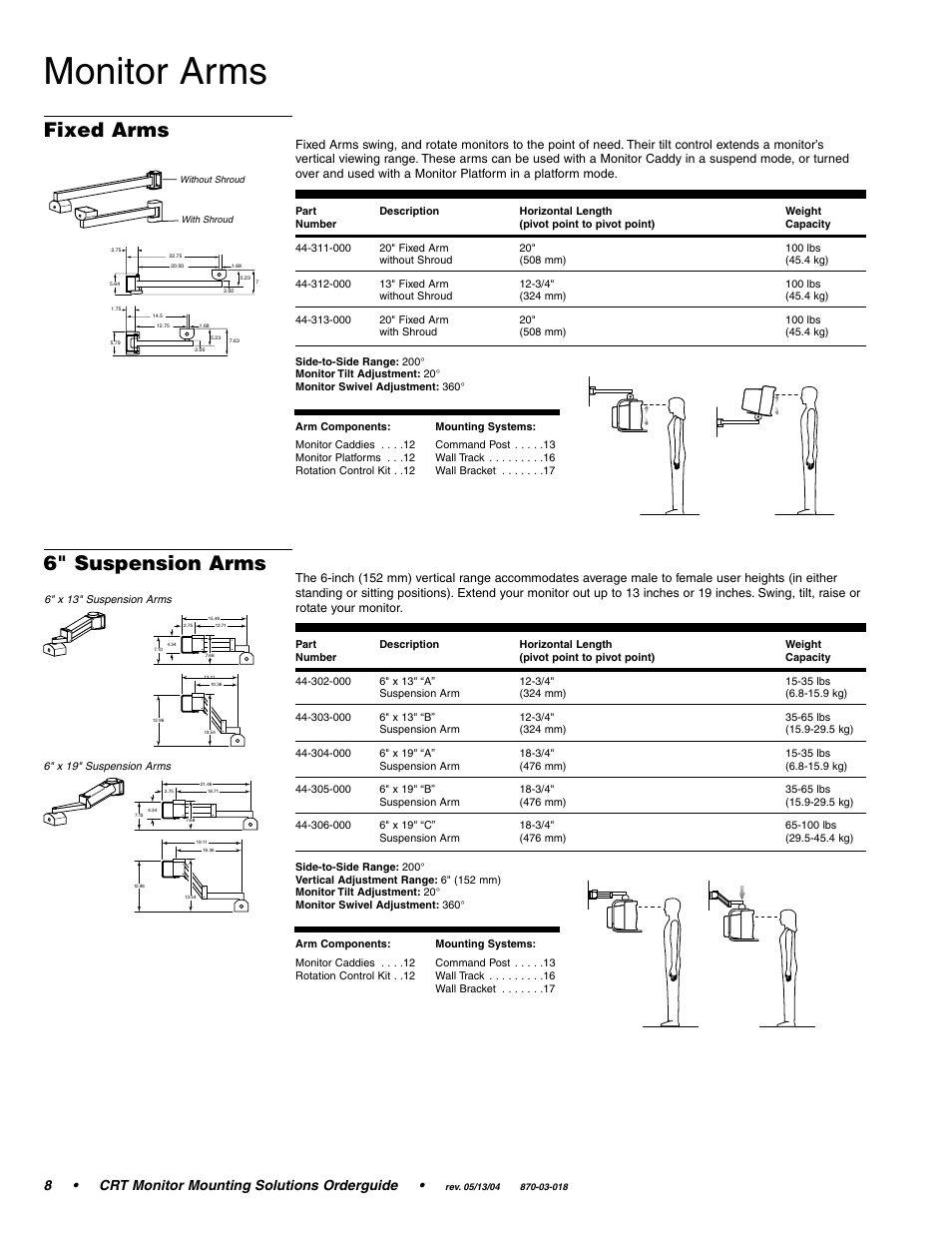 Monitor arms, Fixed arms 6" suspension arms, 8• crt monitor mounting solutions orderguide | Ergotron CRT Monitor User Manual | Page 8 / 28