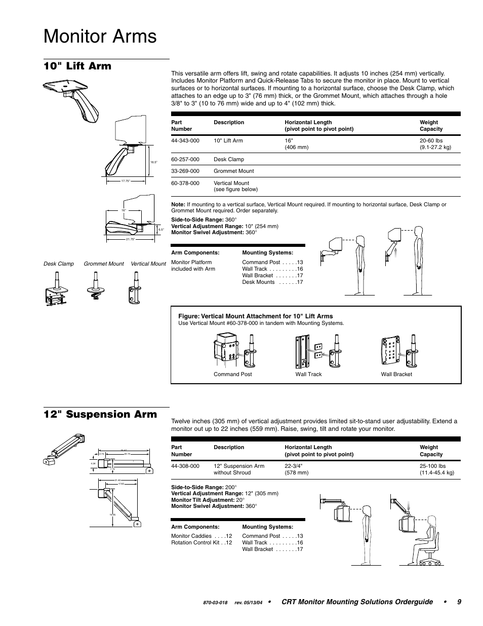 Monitor arms, 10" lift arm, 12" suspension arm | Crt monitor mounting solutions orderguide • 9 | Ergotron CRT Monitor User Manual | Page 9 / 28