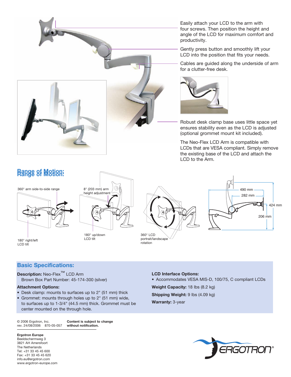 Basic specifications, Range of motion | Ergotron Neo-Flex LCD Arm User Manual | Page 2 / 2