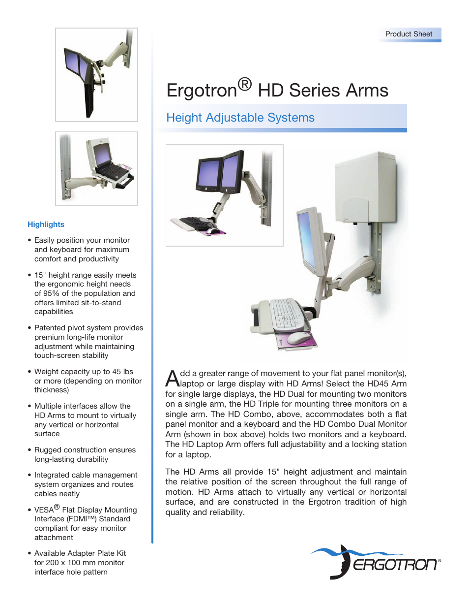 Ergotron Height Adjustable Systems HD Series Arms User Manual | 2 pages
