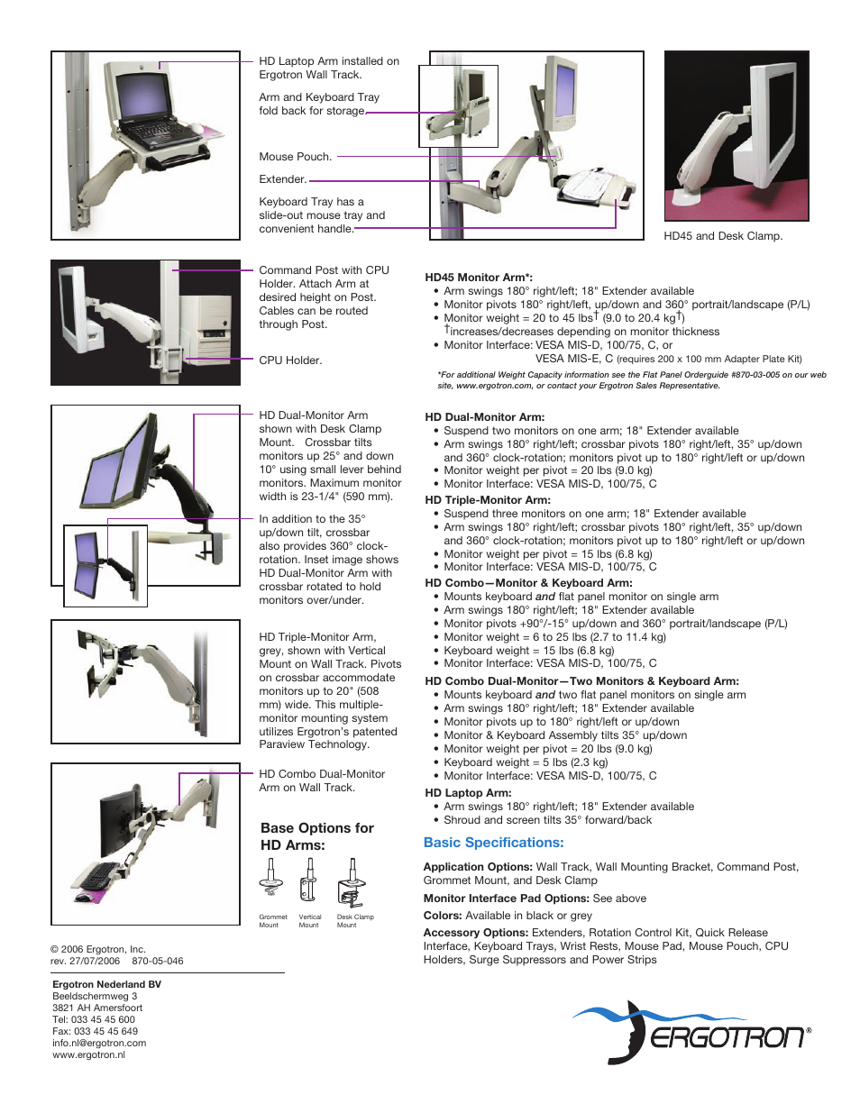 Basic specifications, Base options for hd arms | Ergotron Height Adjustable Systems HD Series Arms User Manual | Page 2 / 2