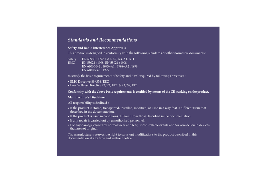 Declaration of conformity, Standards and recommendations | Ergotron A515 User Manual | Page 3 / 24