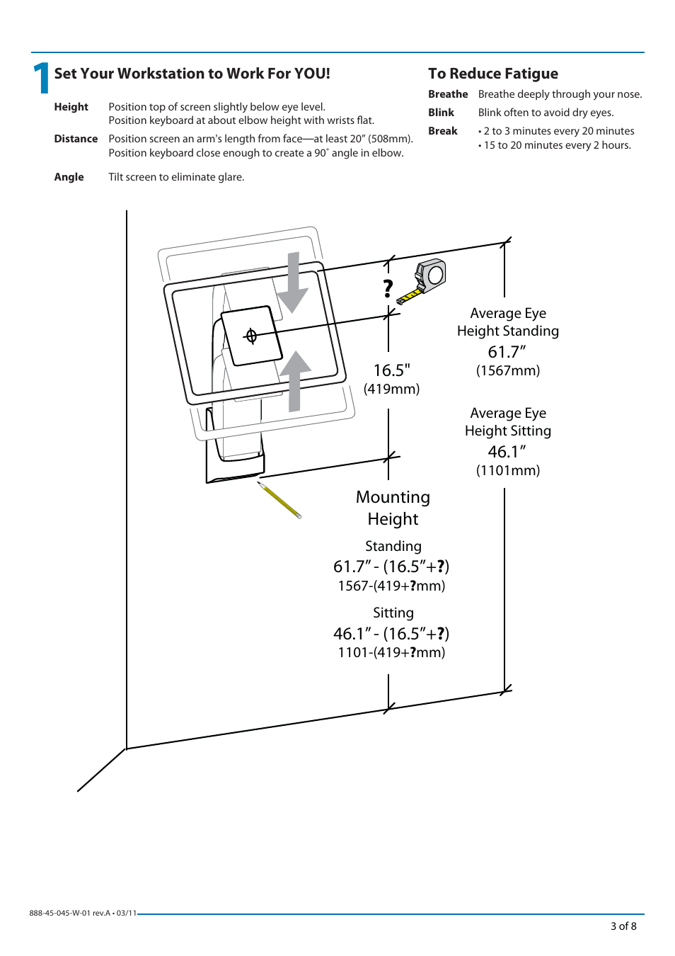 Mounting height | Ergotron NF User Manual | Page 3 / 8