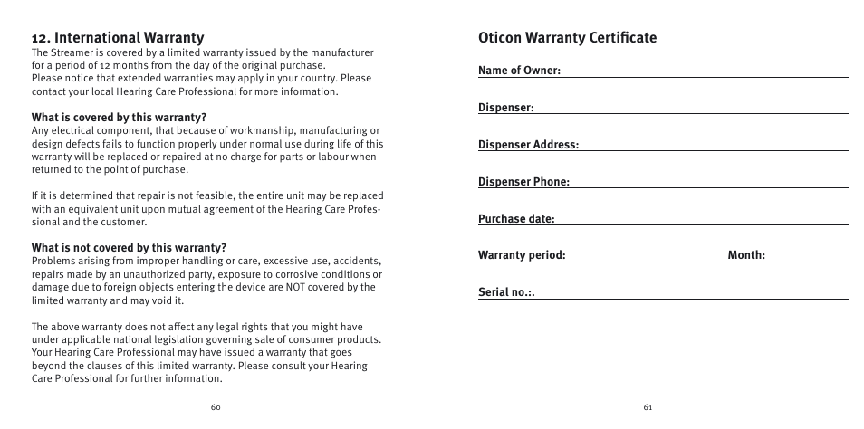 Oticon warranty certiﬁ cate, International warranty | Epoq Steamer User Manual | Page 31 / 35