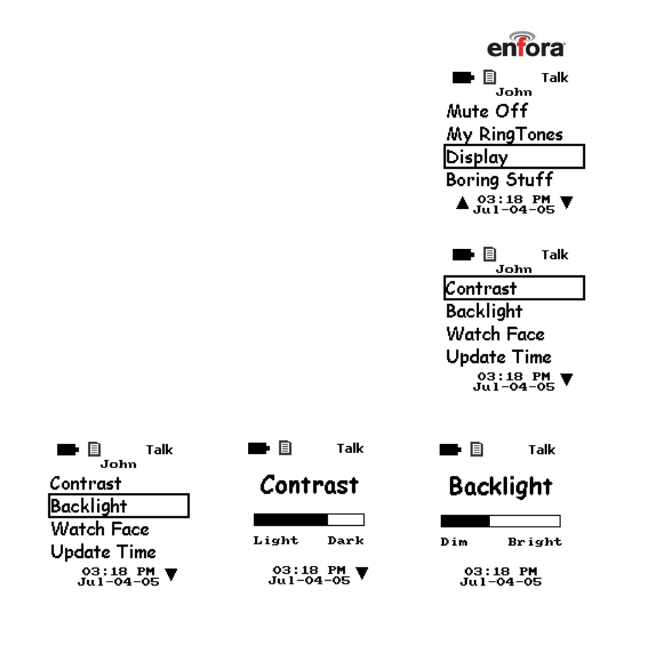 Adjust the display contrast, Adjust the backlight brightness, Choose an analog or digital watch face | Choose display options | Enfora TicTalk User Manual | Page 67 / 94