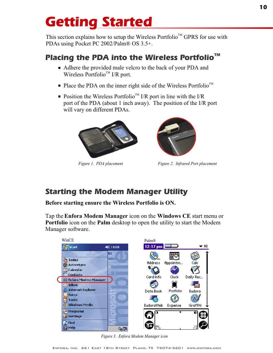 Getting started, Starting the modem manager utility, Placing the pda into the wireless portfolio | Enfora GSM0400 User Manual | Page 10 / 23