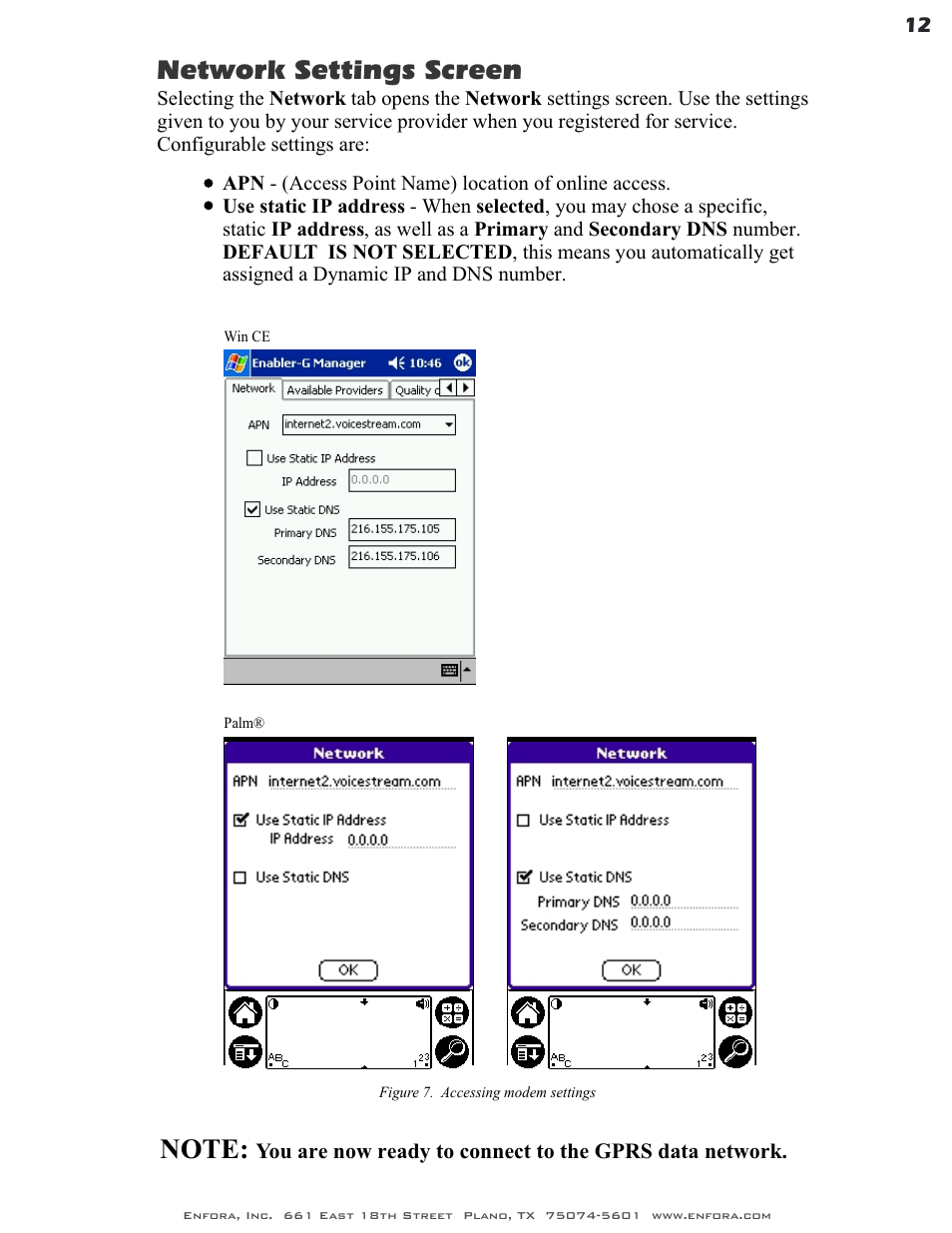 Network settings screen | Enfora GSM0400 User Manual | Page 12 / 23