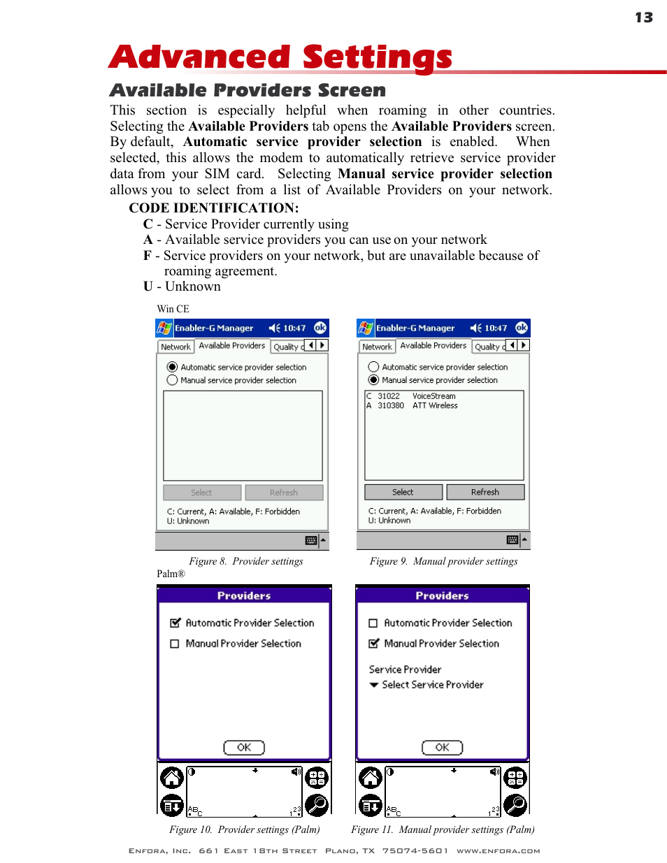 Advanced settings, Available providers screen | Enfora GSM0400 User Manual | Page 13 / 23