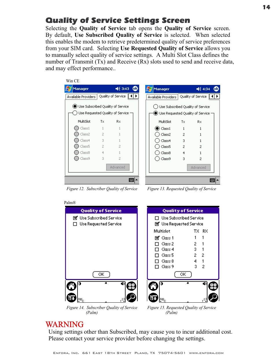 Quality of service settings screen, Warning | Enfora GSM0400 User Manual | Page 14 / 23