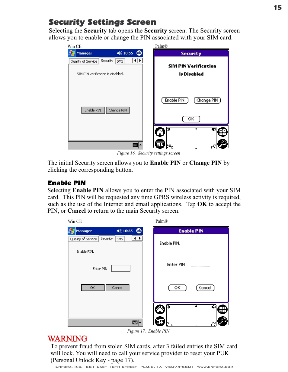 Security settings screen, Warning | Enfora GSM0400 User Manual | Page 15 / 23