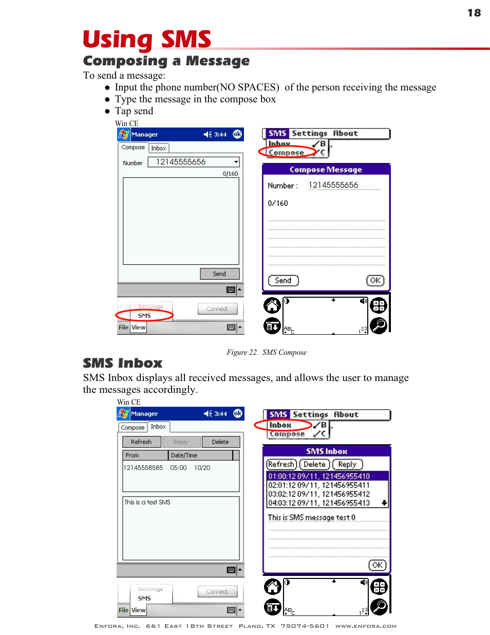 Using sms, Composing a message, Sms inbox | Enfora GSM0400 User Manual | Page 18 / 23
