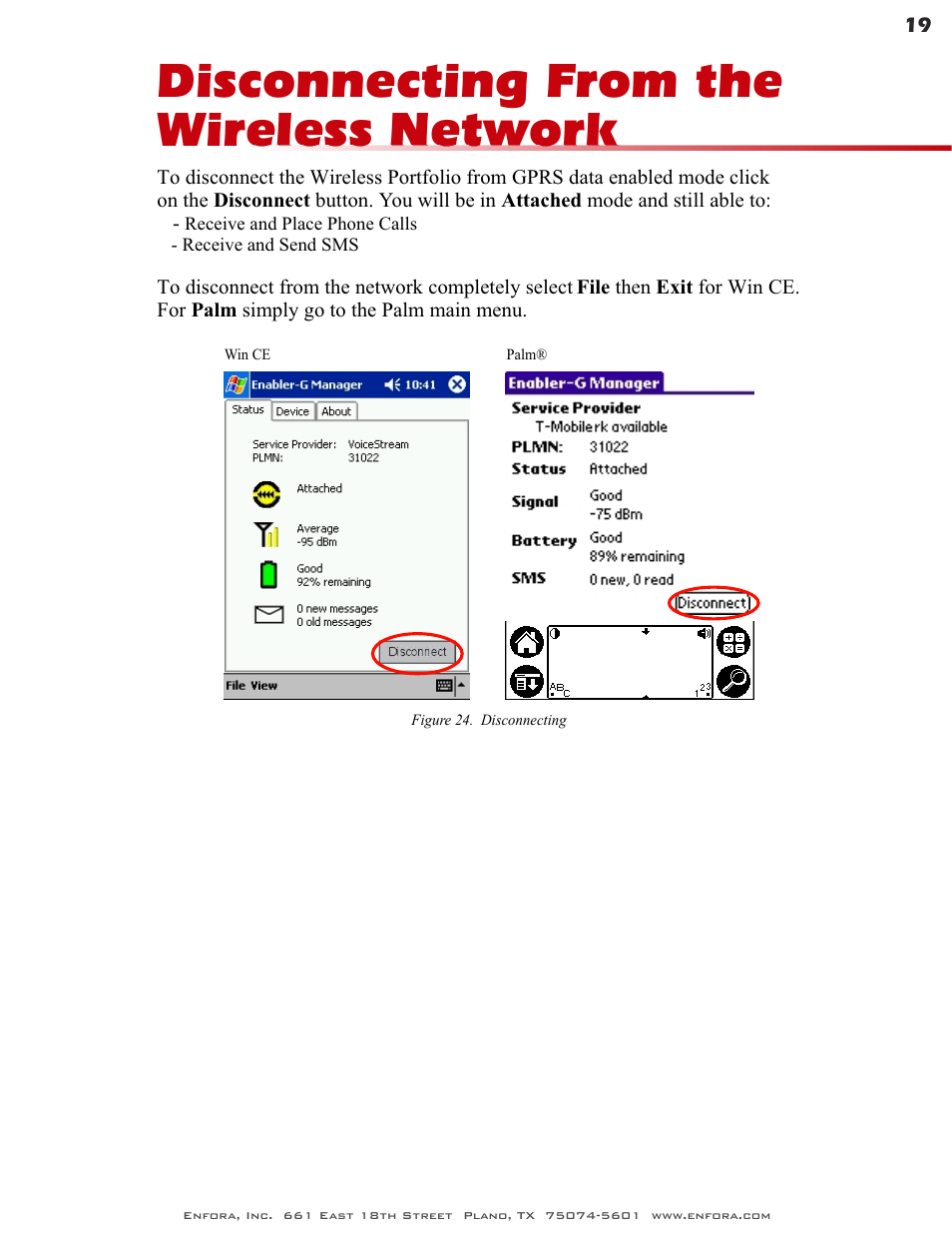 Disconnecting from the wireless network | Enfora GSM0400 User Manual | Page 19 / 23