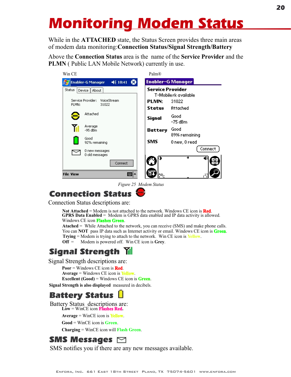 Monitoring modem status, Connection status signal strength, Battery status | Sms messages | Enfora GSM0400 User Manual | Page 20 / 23
