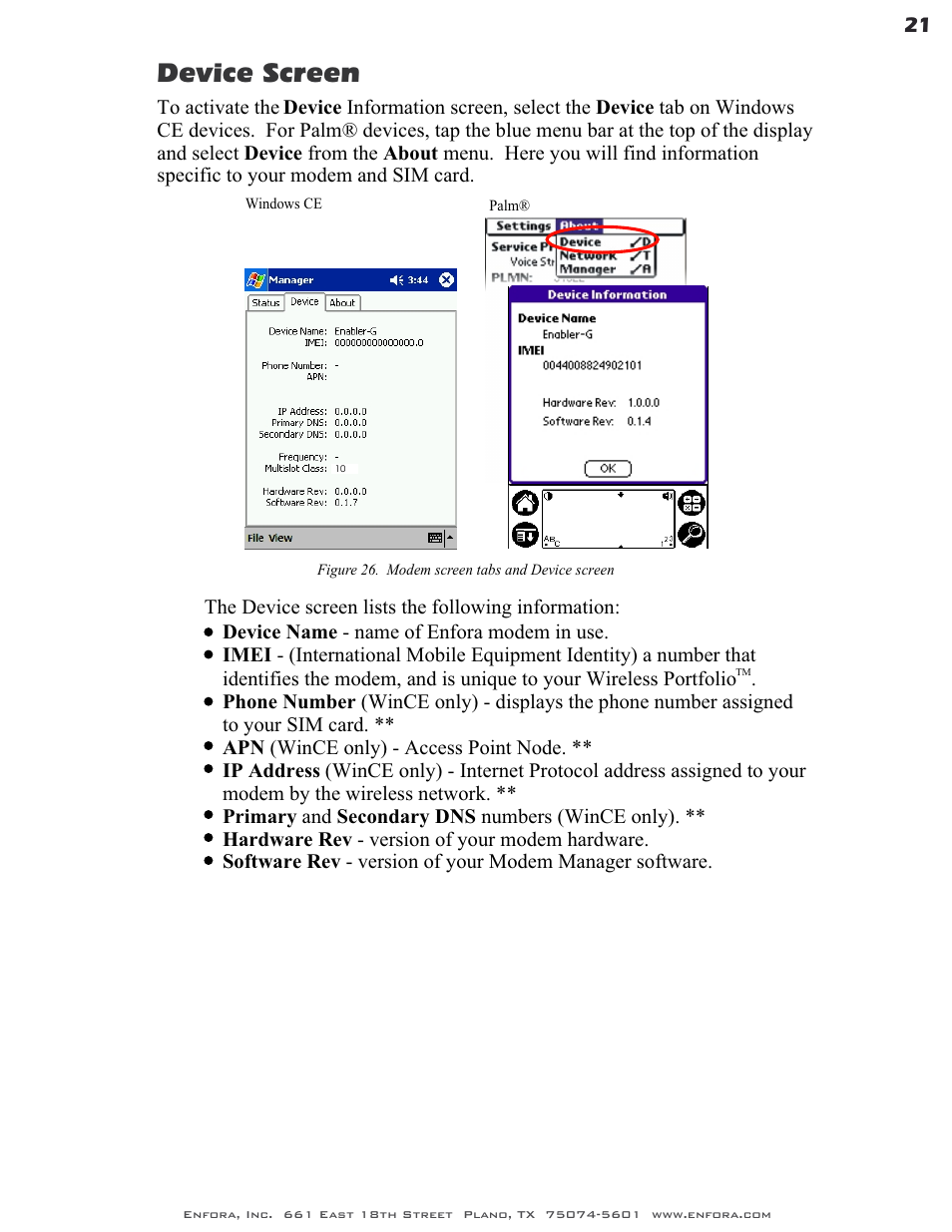 Device screen | Enfora GSM0400 User Manual | Page 21 / 23