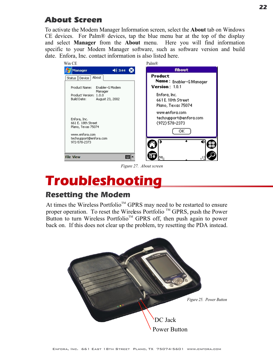 Troubleshooting, About screen, Resetting the modem | Enfora GSM0400 User Manual | Page 22 / 23