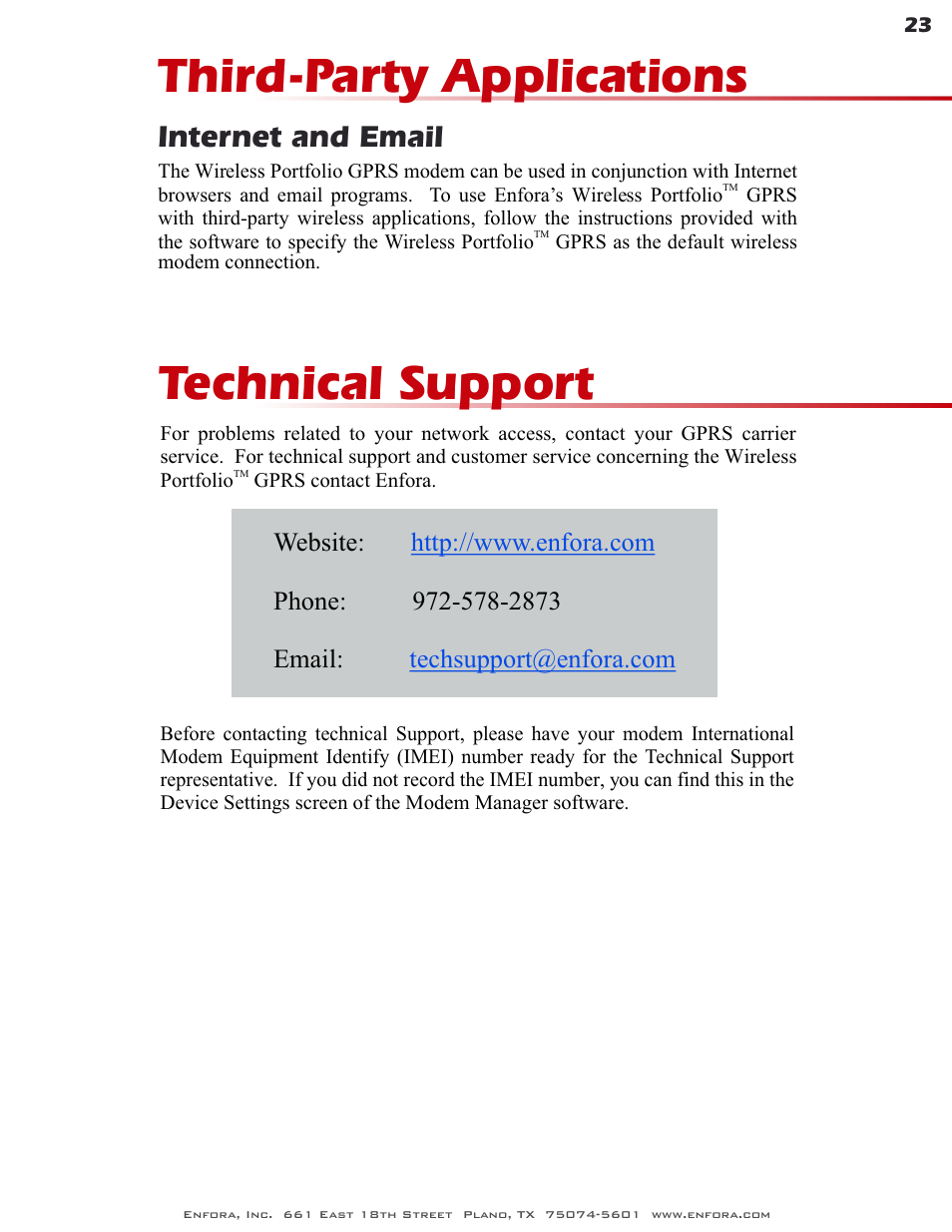 Third-party applications, Technical support, Internet and email | Enfora GSM0400 User Manual | Page 23 / 23