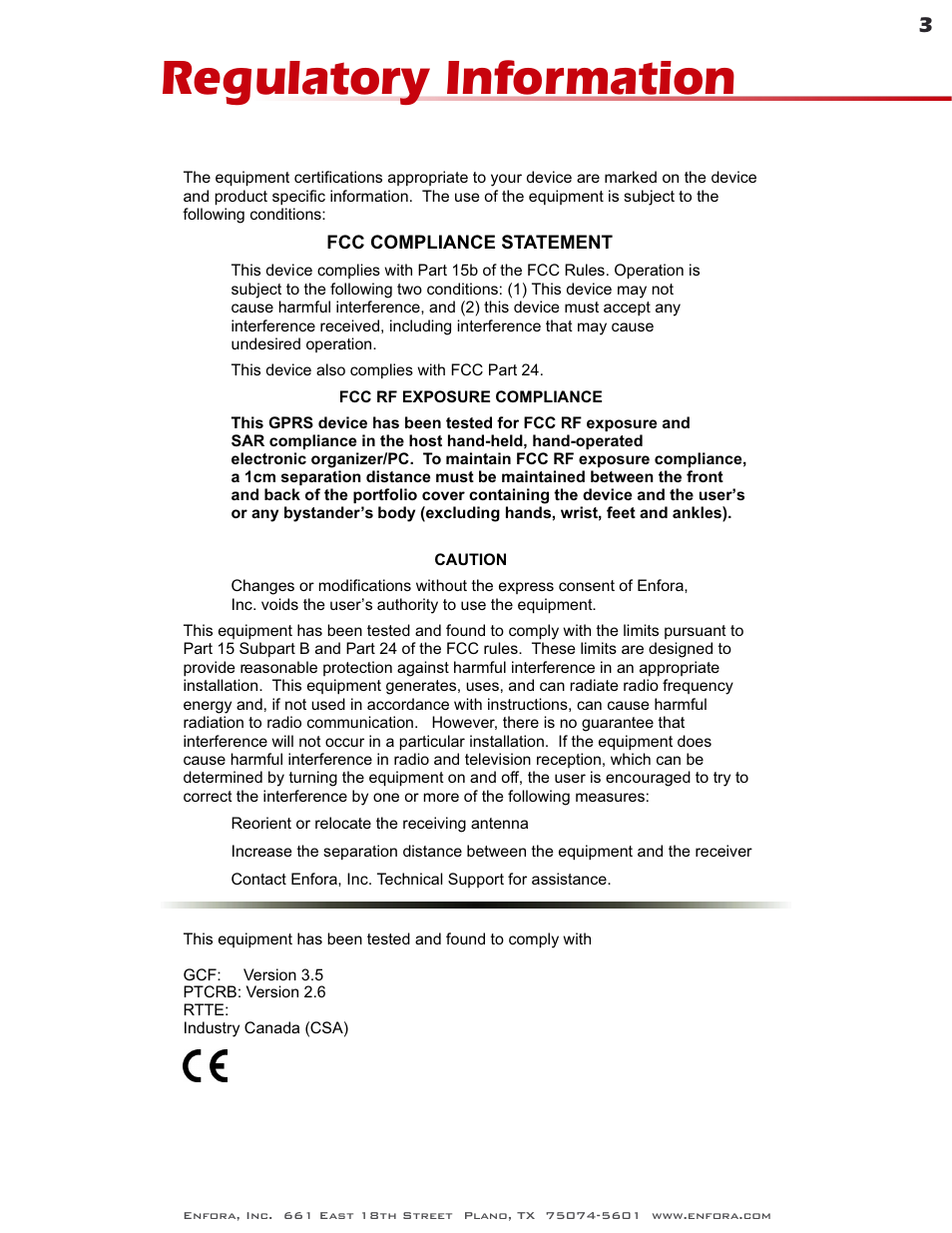 Regulatory information | Enfora GSM0400 User Manual | Page 3 / 23