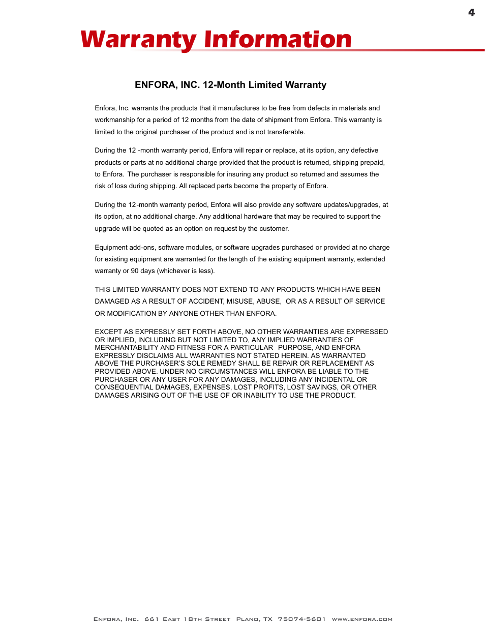 Warranty information | Enfora GSM0400 User Manual | Page 4 / 23