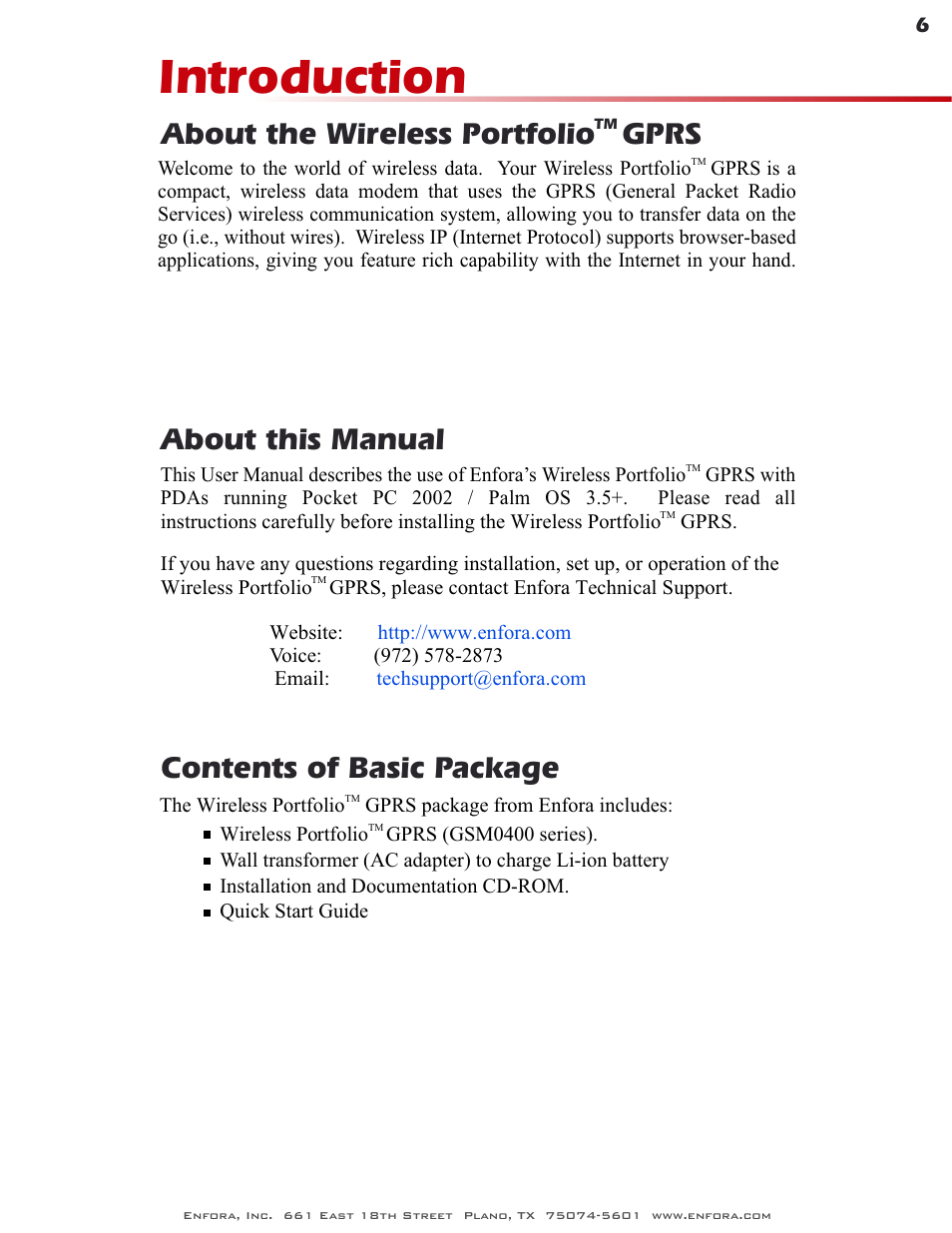 Introduction, Contents of basic package, About the wireless portfolio gprs | About this manual | Enfora GSM0400 User Manual | Page 6 / 23